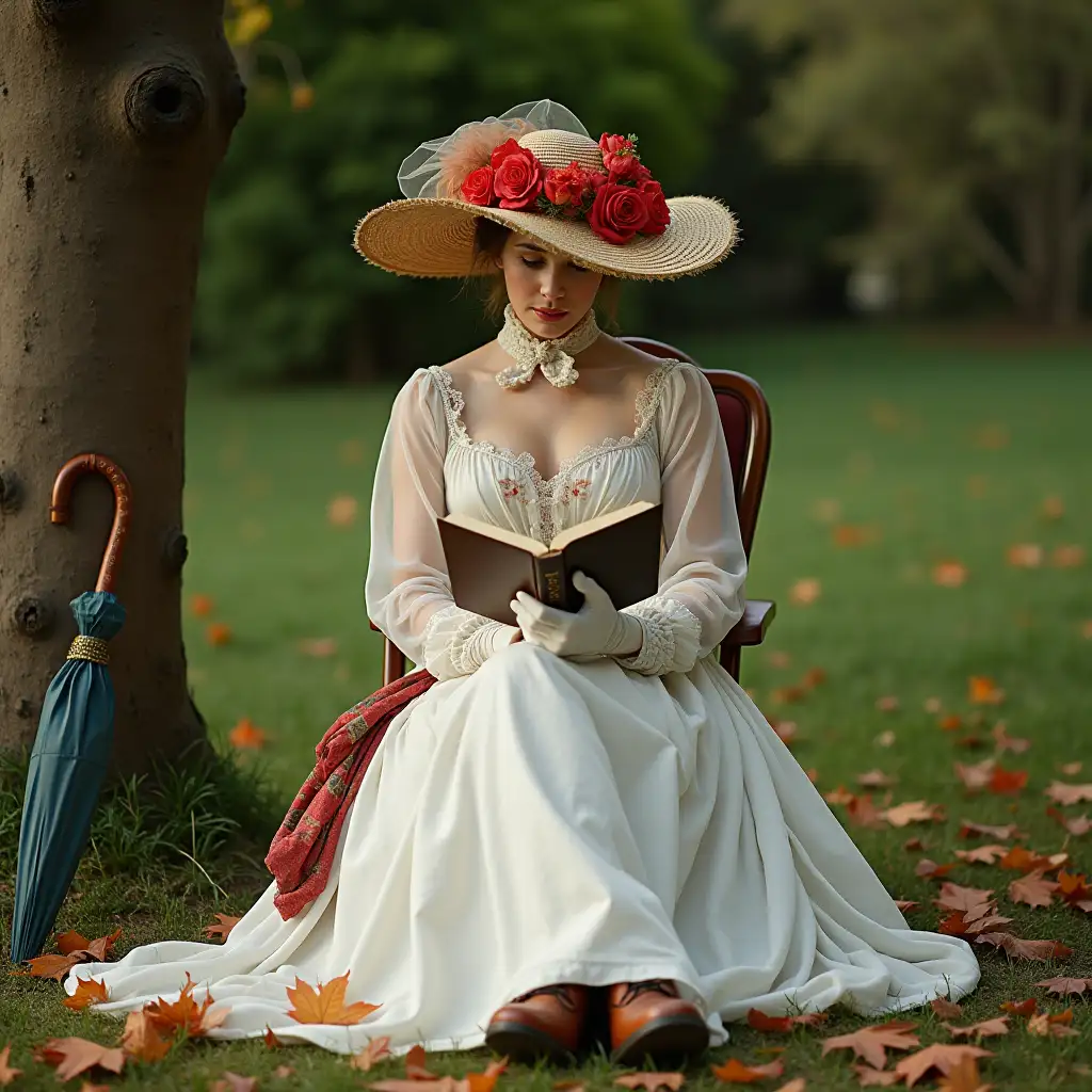 a garden, a woman facing front wearing a long white dress, a sheer blouse with flower prints closed neck, a wide-brimmed straw hat in the shape of a wave with red flowers surrounded by a veil fabric on top, she is sitting cross-legged on a folding chair near a tree with a smooth brown trunk, she reads a book and wears long white gloves, brown leather shiny shoes, an umbrella leans against the tree. many fallen leaves on the ground, green vegetation in the back, realistic 19th century style lighting, spring light