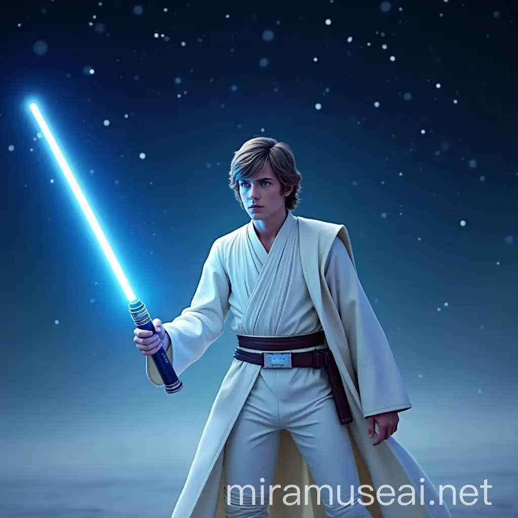 Luke Skywalker with Blue Lightsaber Under Starry Sky