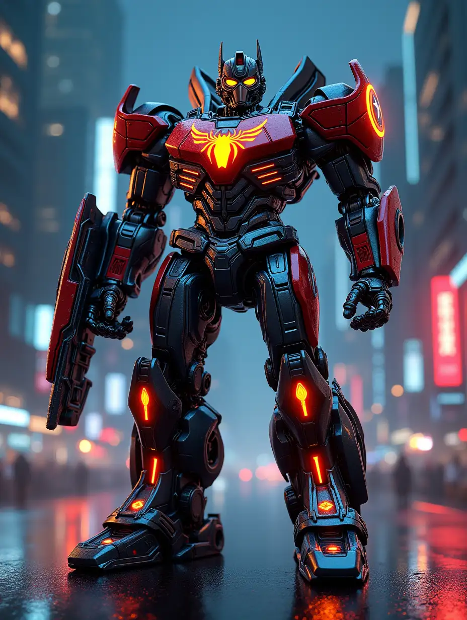 Futuristic-FullBody-Robot-with-SpiderLike-Design-and-Captain-America-Motif-in-Neon-Cityscape