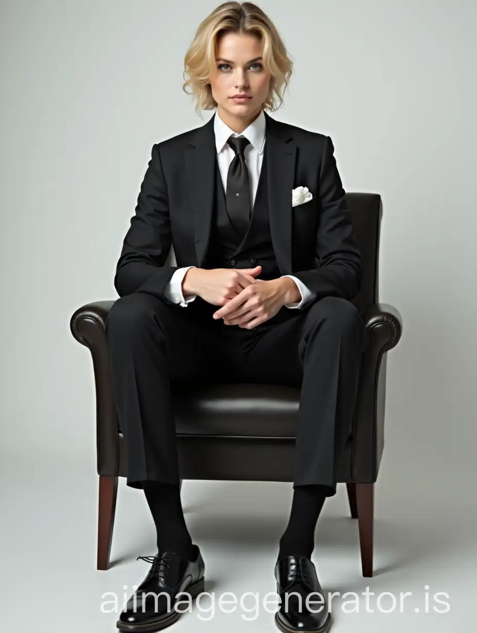 Full body shot of beautiful and sultry blonde female woman Russian gymnast, wearing man's Oxford shoes, wearing man's business suit, man's long necktie in Windsor knot, pocket square, crisp dress shirt, black socks, sitting in masculine pose, in chair, in front of blank background