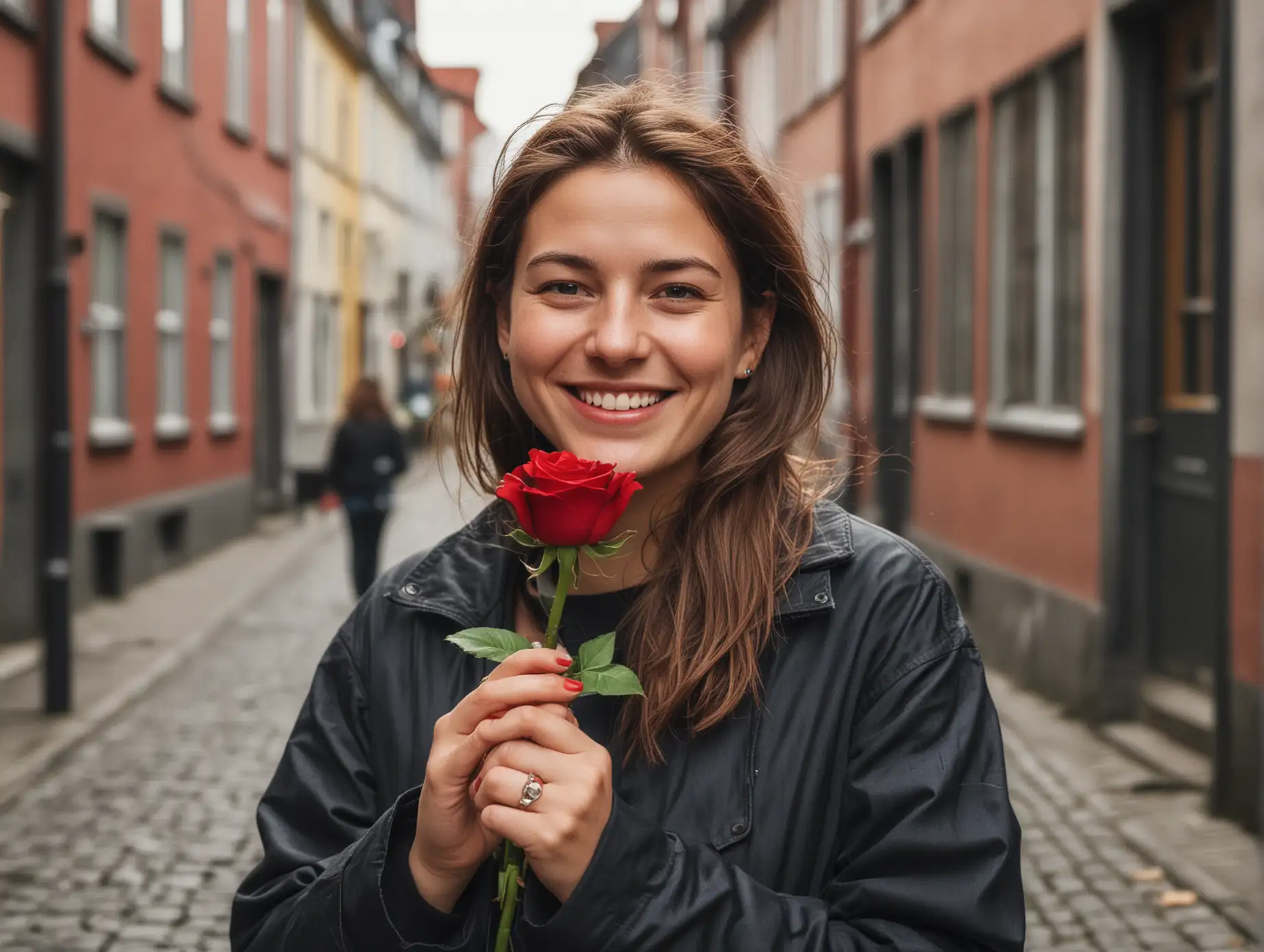 Urban Woman Holding Red Rose with a Smile