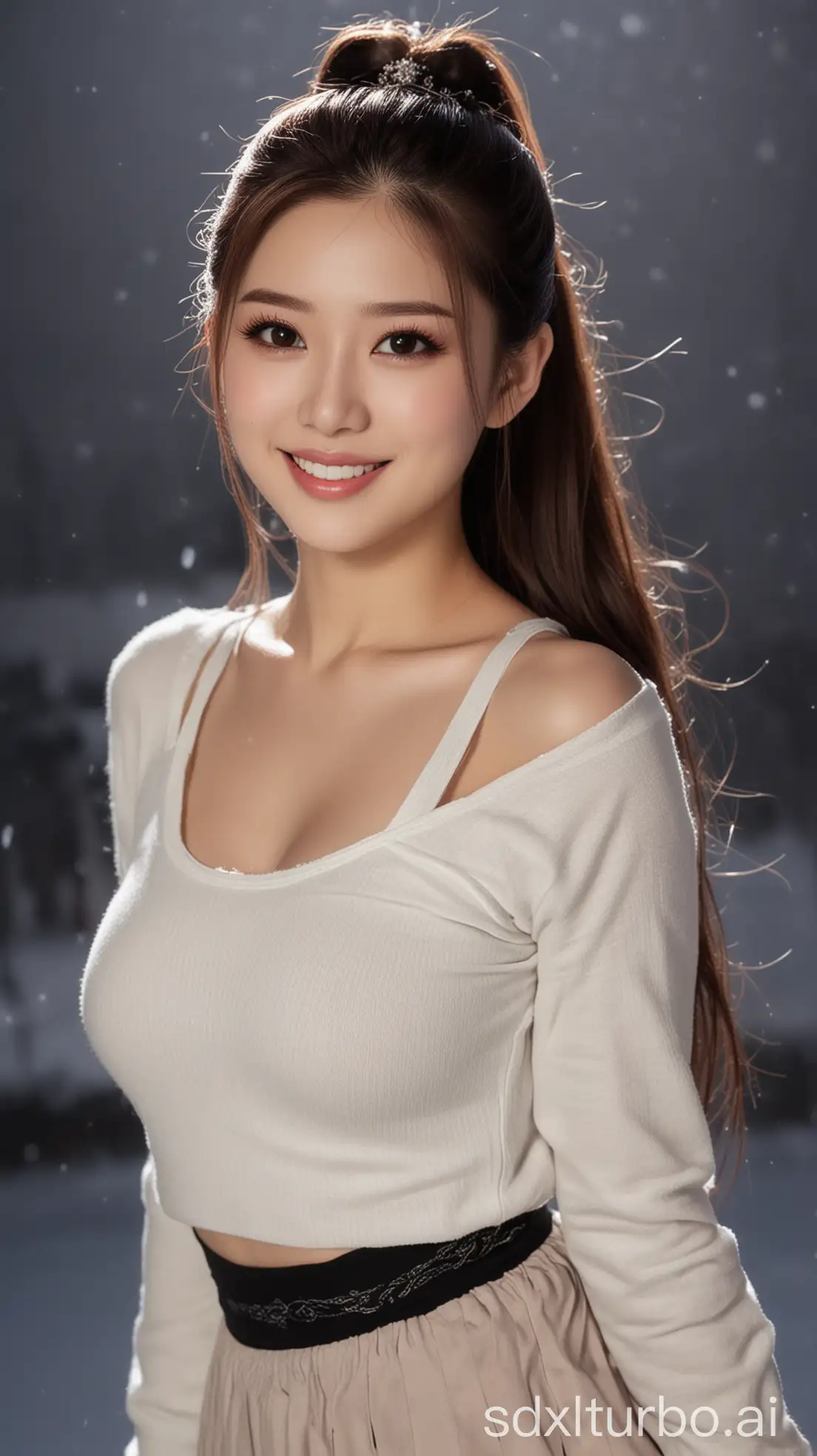 Chinese beauty, sexy and sweet smile, with a ponytail, brown long hair, white skin, makeup black eyes, winter night white tight T-shirt long skirt