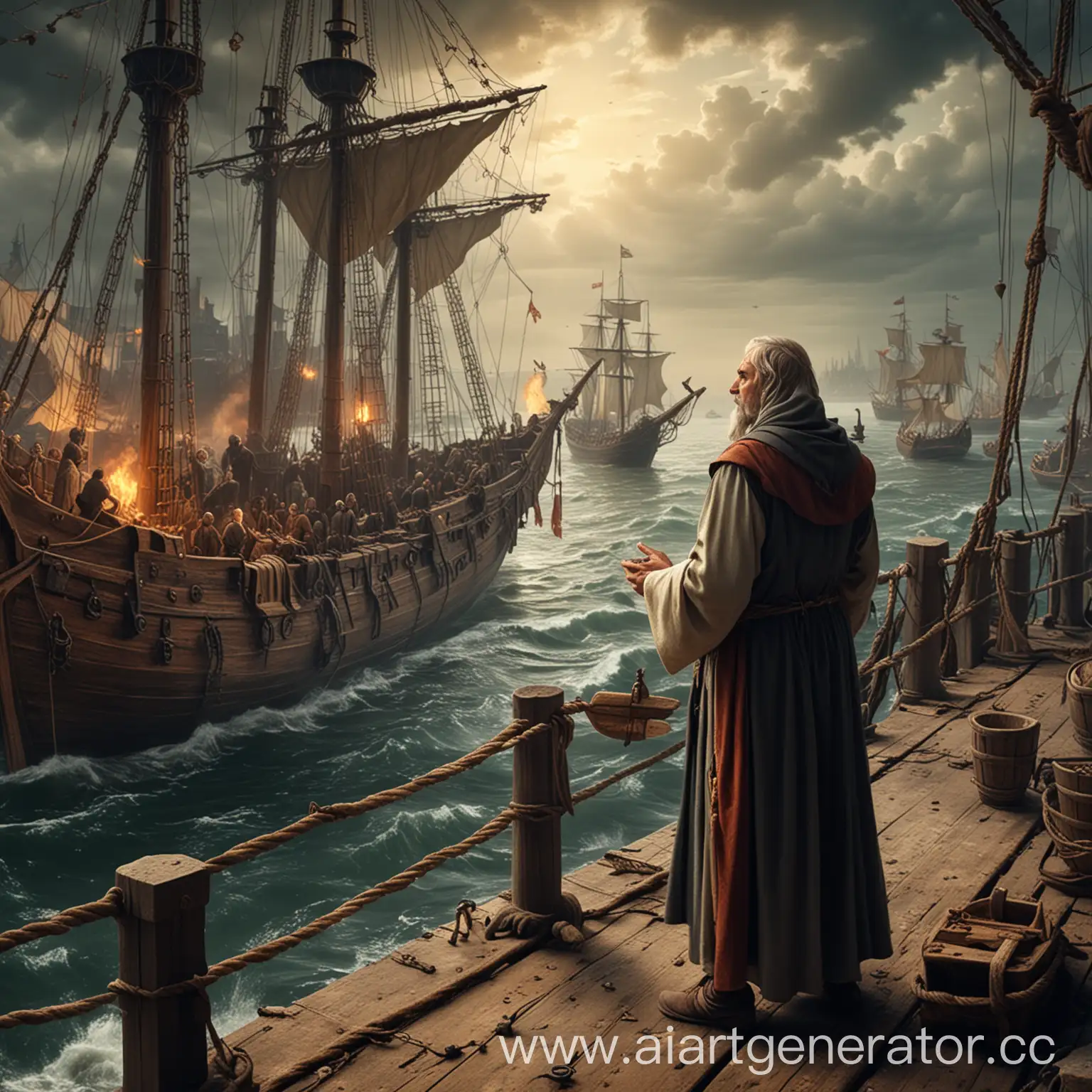 Medieval-Priest-at-a-Ship-and-Port-Scene