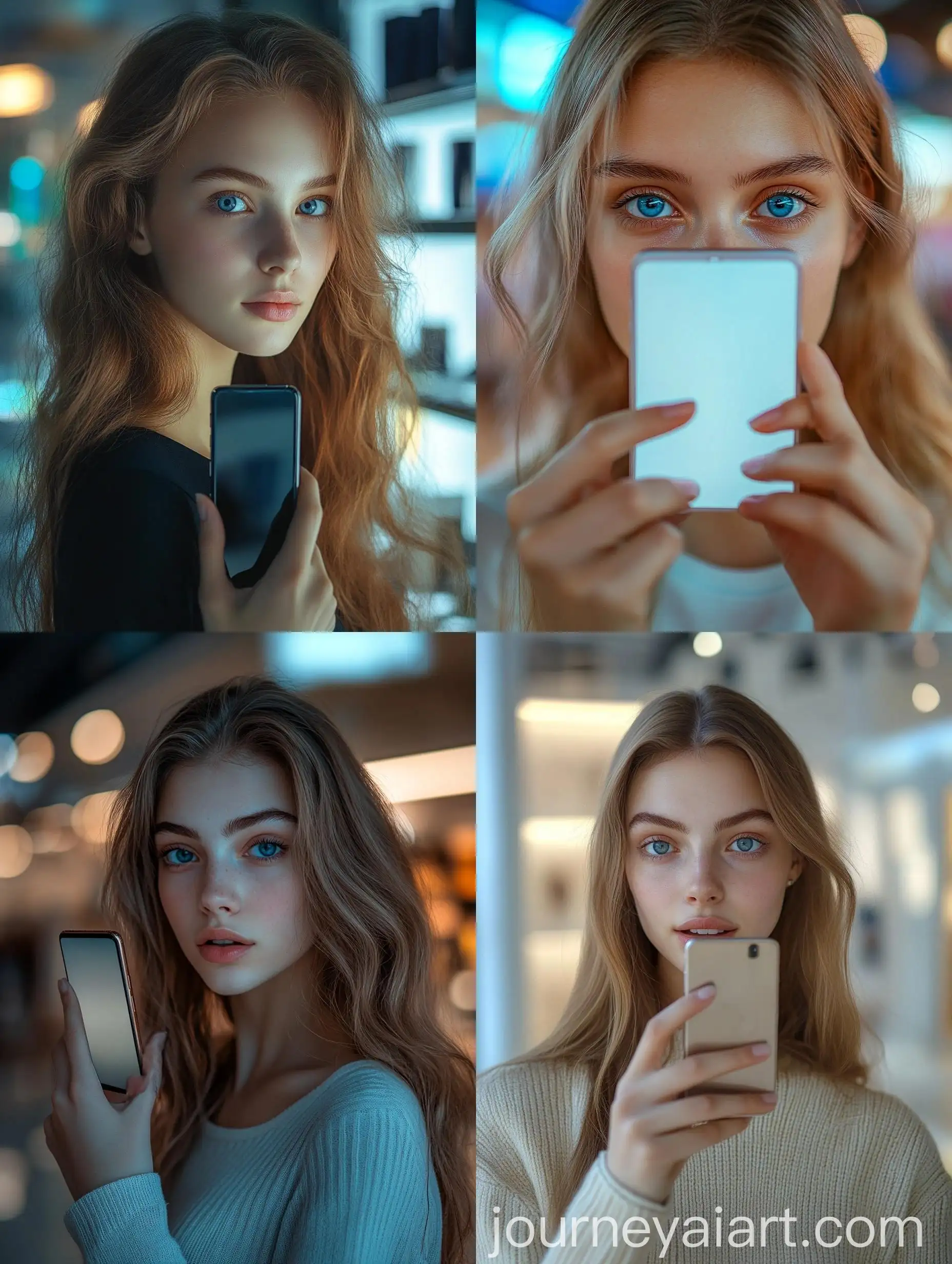 Confident-Czech-Girl-Showcasing-Smartphone-in-Showroom