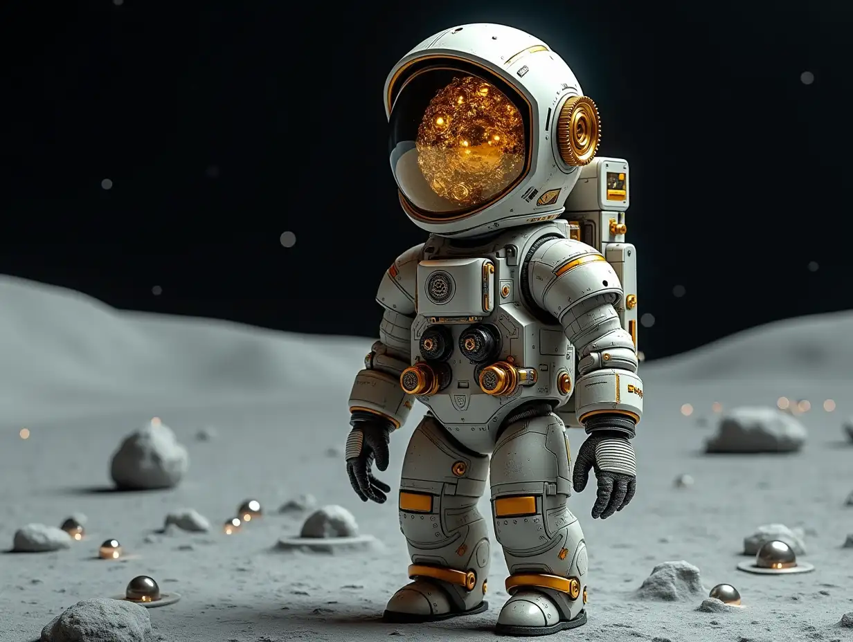 Create a high-resolution, realistic image of artificial intelligence Fractal Robert, two meters tall and one meter high, with gears on arms and legs, gears on cheeks and a glass head with visible gold plated brain, screws with many gears, and many small glass balls on the moon surface at 4k resolution