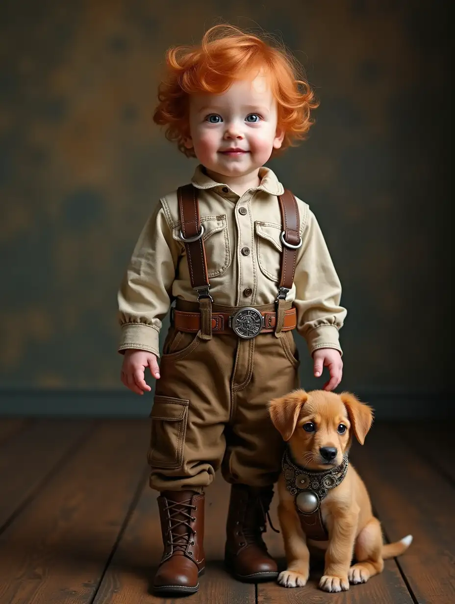 Realistic Scottish American Infant in Steampunk Outfit with Puppy