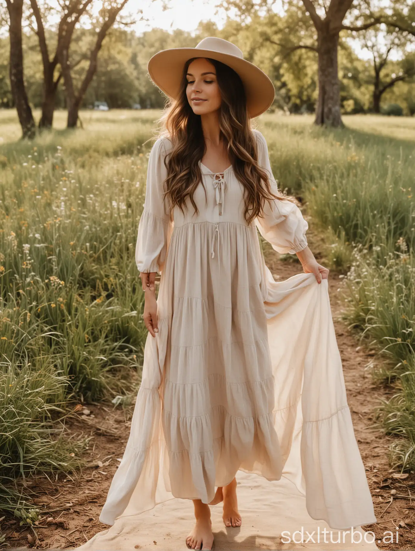 Homeschool-Mom-with-Long-Brown-Hair-Outdoors-in-a-Flowing-Neutral-Dress-and-Barefoot