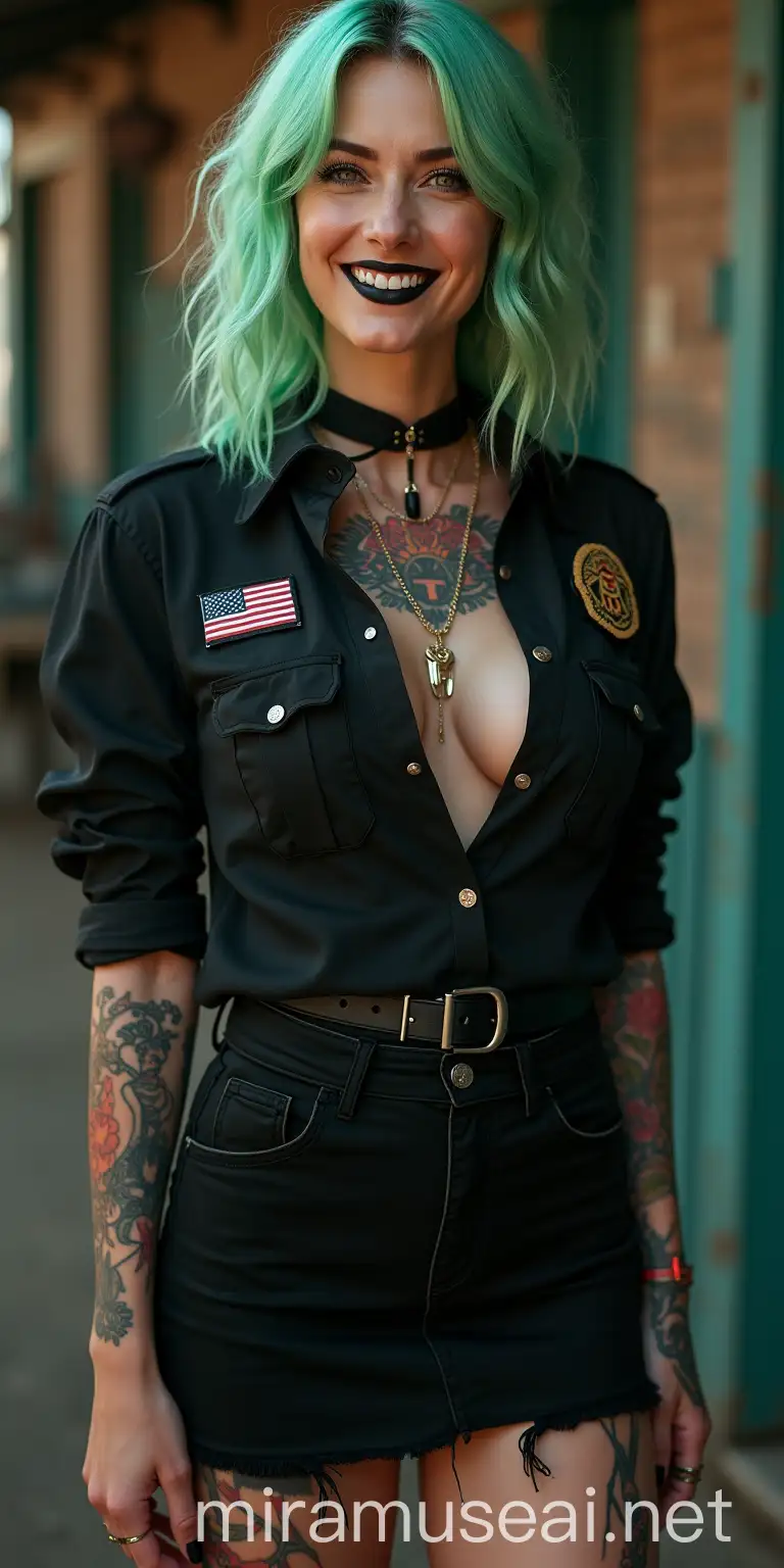 Photorealistic Smiling Woman with Faded Green Hair and Cosplay Police Woman Costume