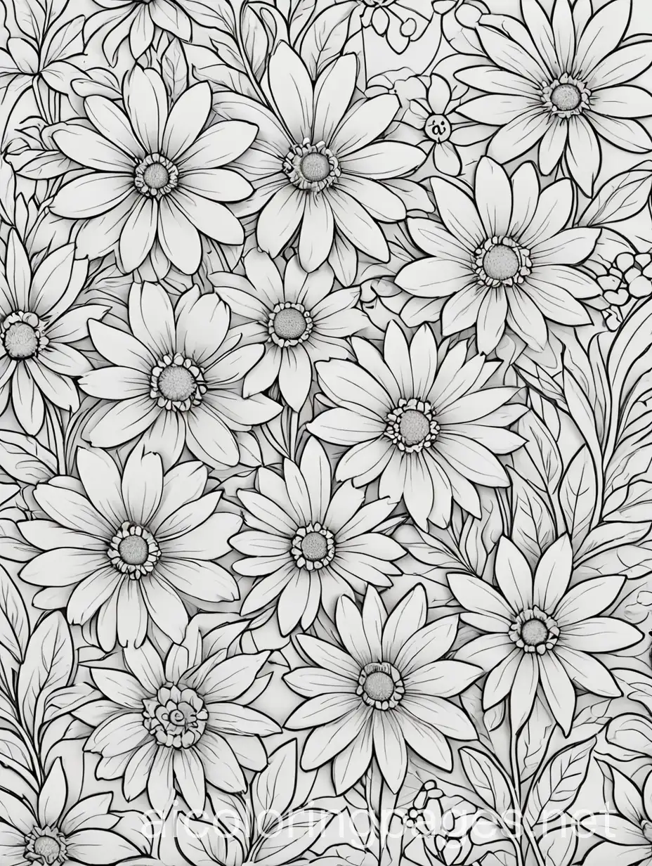 flowers pattern, Coloring Page, black and white, line art, white background, Simplicity, Ample White Space. The background of the coloring page is plain white to make it easy for young children to color within the lines. The outlines of all the subjects are easy to distinguish, making it simple for kids to color without too much difficulty