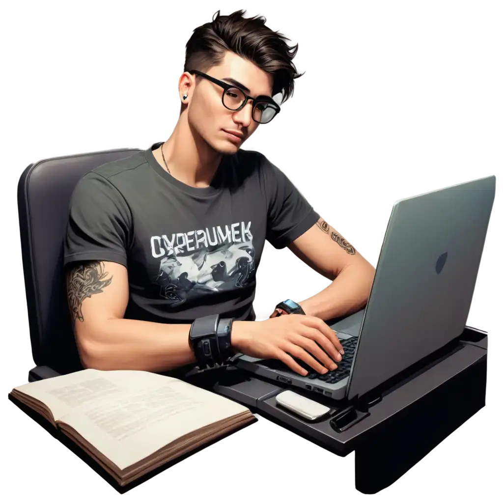 Programmer-Sleeping-on-Desk-PNG-Cyberpunk-Style-Cartoon-with-Big-Black-Frame-Glasses-and-Tattoo-Details