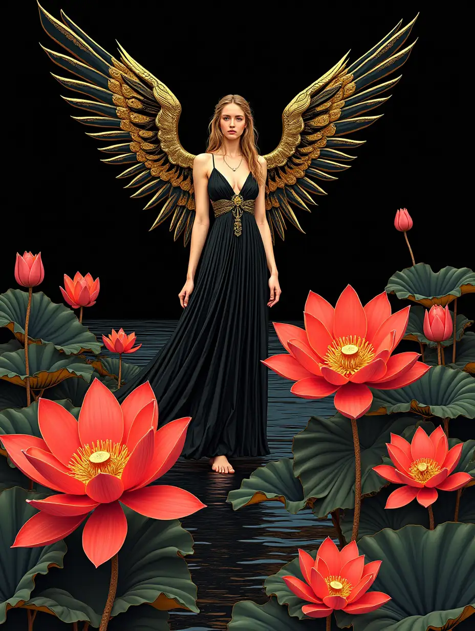 surrealism, virgo, angel, on the lake, huge lotuses, clear black, crimson, golden lines, excellent rendering, hyperdetalization, multicolored vector art, beautiful, realistic, 4k, high resolution, high detail, 30mm lens, 1/250s, f/2.8, ISO 100