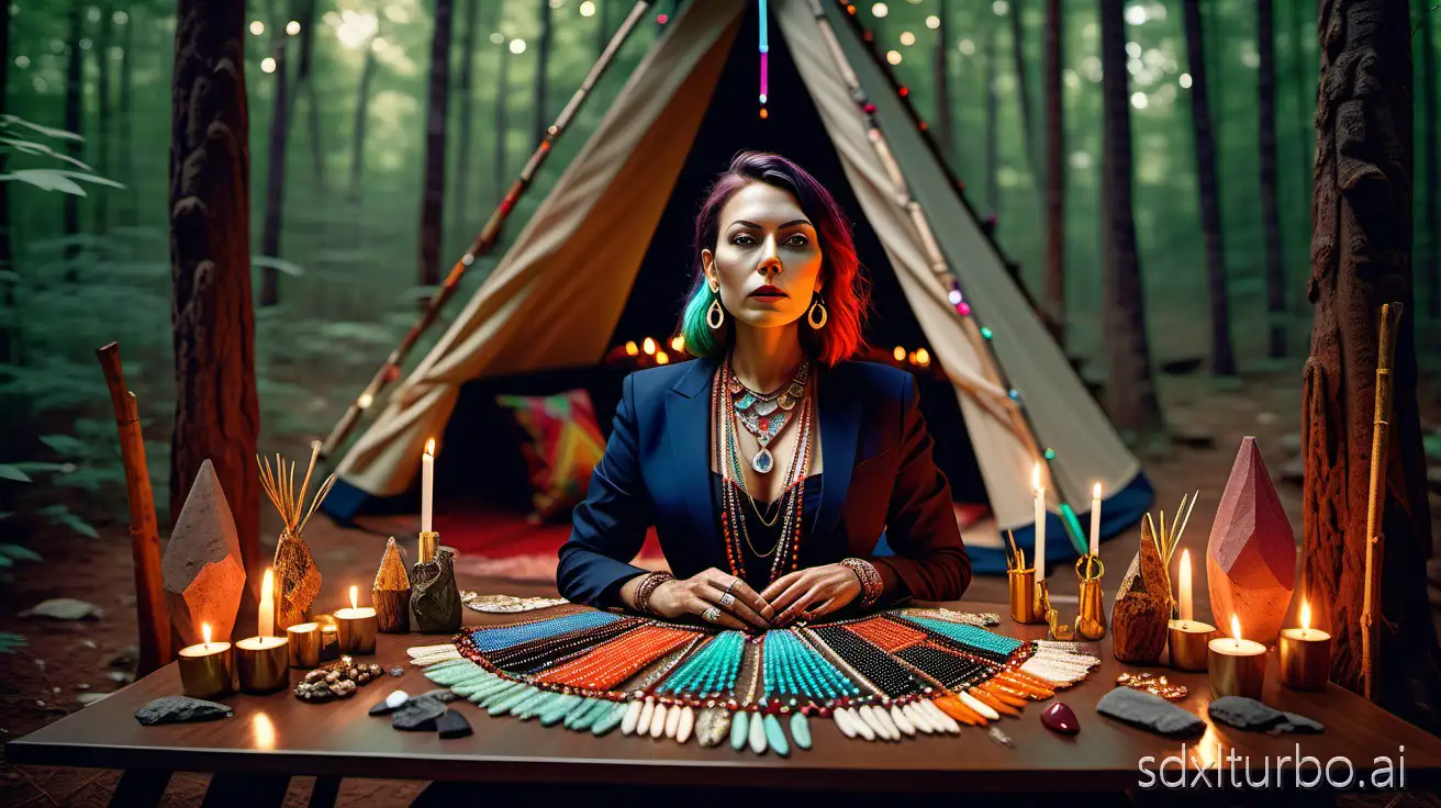Photograph of an eerie business woman richly dressed, wearing a business suite wearing many necklaces with gemstones, In the back a forest, a teepee, a tachyonic chamber, and a table with candles, crystals, cacao, colorful, bright, highly detailed, realistic