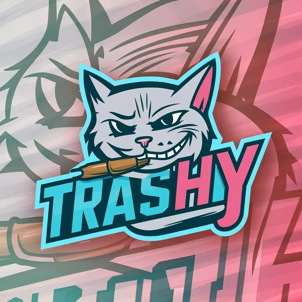 a logo design,with the text "trashy", main symbol:cat,derision,bullet,pale blue,pink,gradual change,complex,clear background