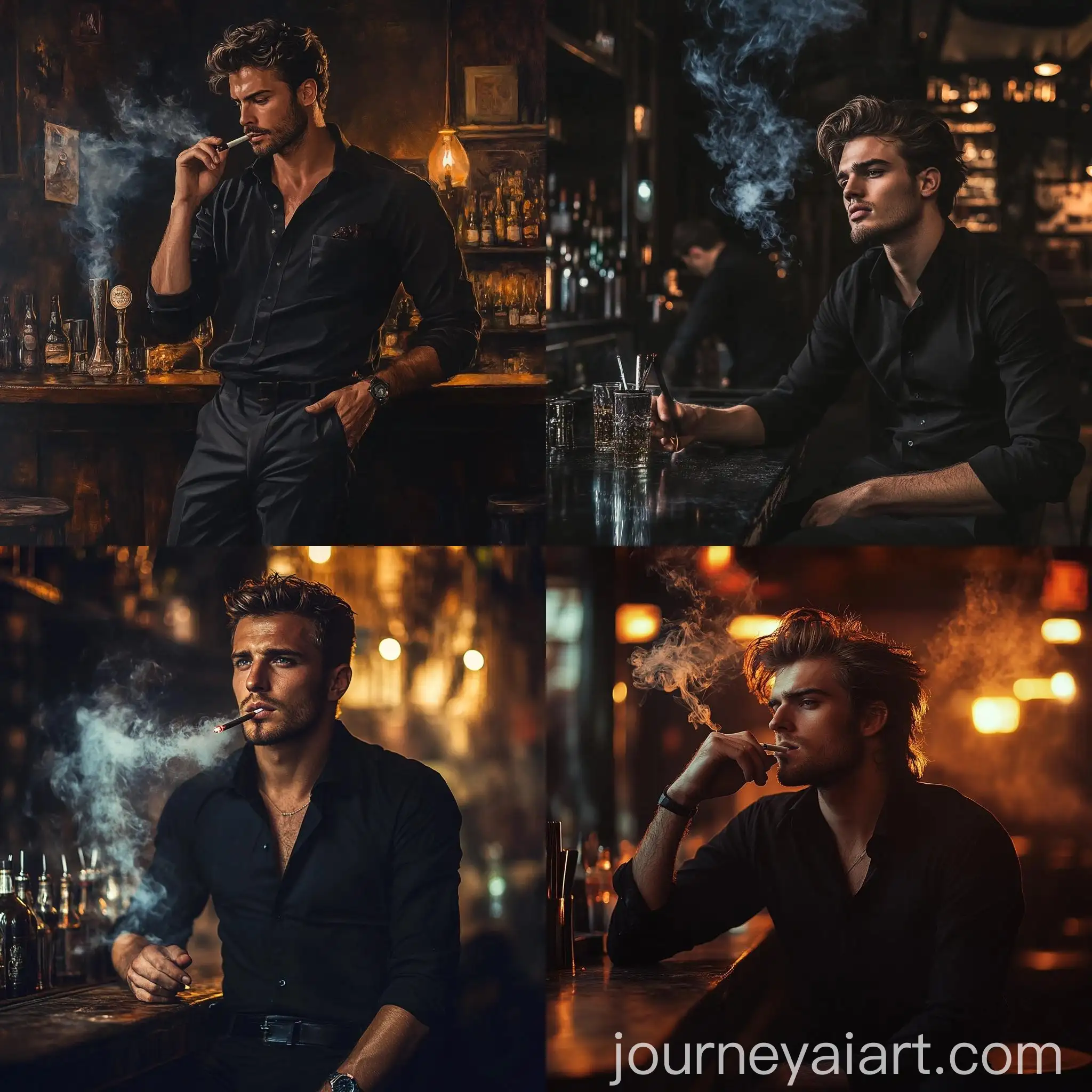 Young-Man-Smoking-at-Bar-in-Black-Attire-High-Detail-Portrait