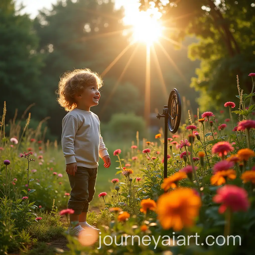 Child-Smiling-in-a-Vibrant-Blooming-Garden-with-a-Shining-Sundial