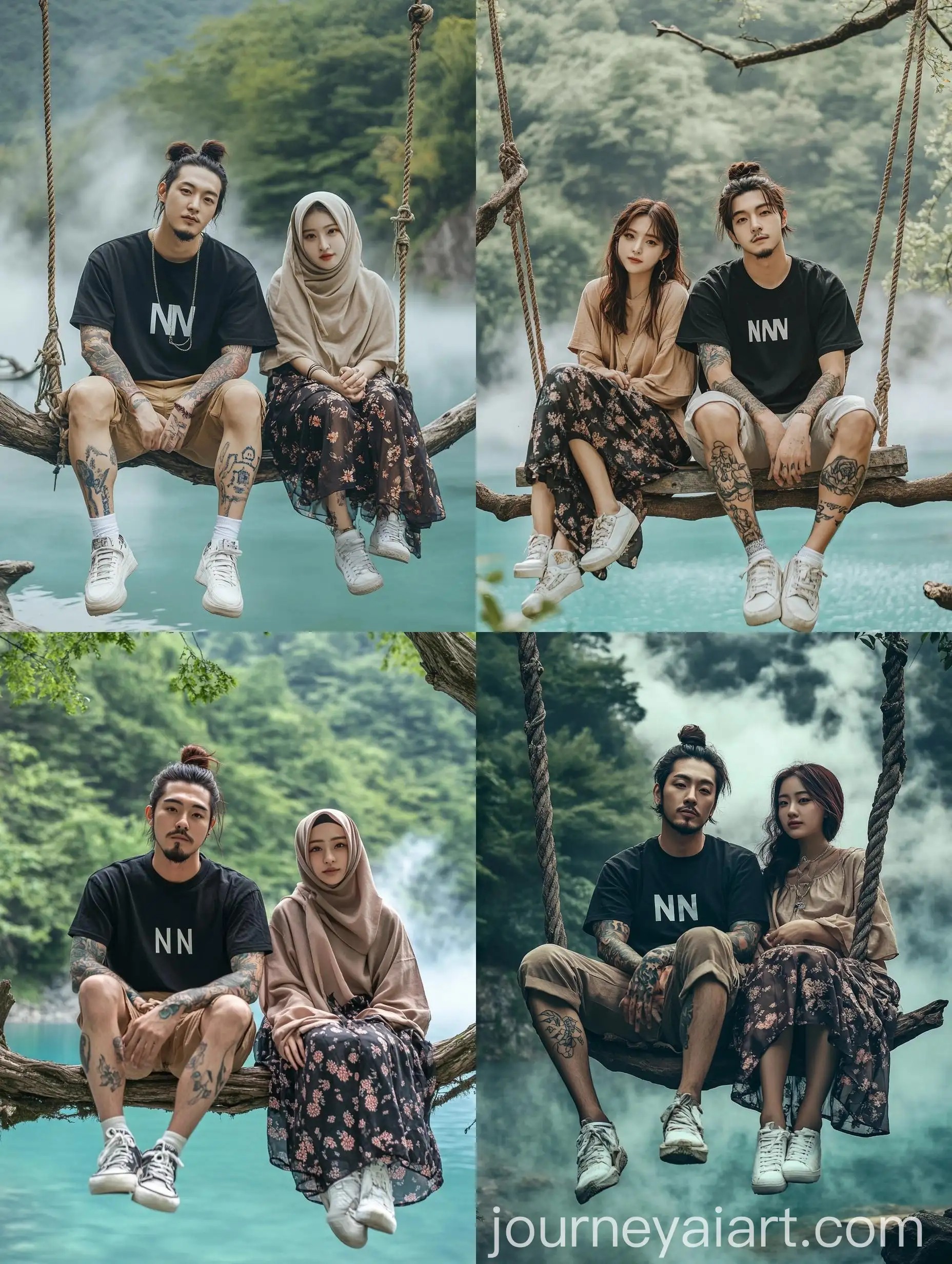 Ethereal-Serenity-Korean-Man-with-Tattoos-and-Woman-in-Hijab-on-Misty-Lake-Swing