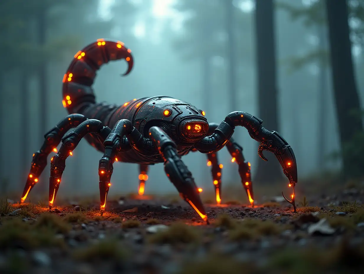 Cybernetic-Scorpion-Droid-with-Glowing-Indicators-in-Forest-Morning-Fog