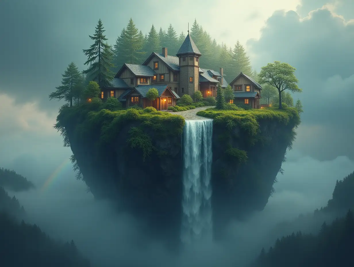 Create a globe where from the upper half many houses with lanterns, forest waterfall protrude and with gray sky with fog and rainbow