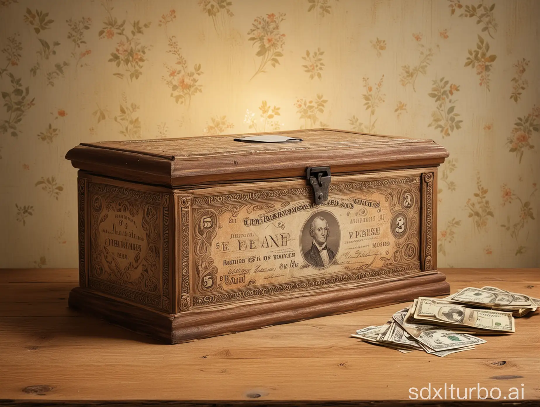 Create an image of an antique money box with an open slit for dropping money on the top of the box. Place the money box on a wooden table top. Avoid dollars and bill within the image. The background should have a classic look, with elements like vintage wallpaper or old bookshelves to enhance the classic ambiance. Use beautiful soft lighting to highlight the details of the money box and the surrounding scene. Ensure the overall composition is harmonious and visually appealing.