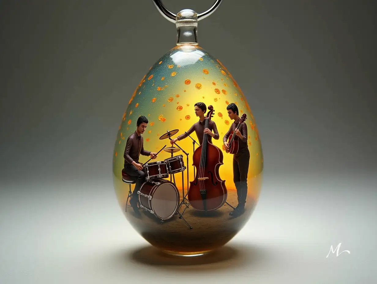 Create for me a glass egg pendant with a music band inside that plays a violin, drum set, guitar and flute