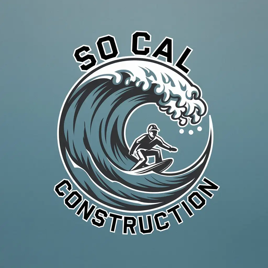 LOGO Design for So Cal Construction Ocean Wave with Construction Worker Surfing Theme