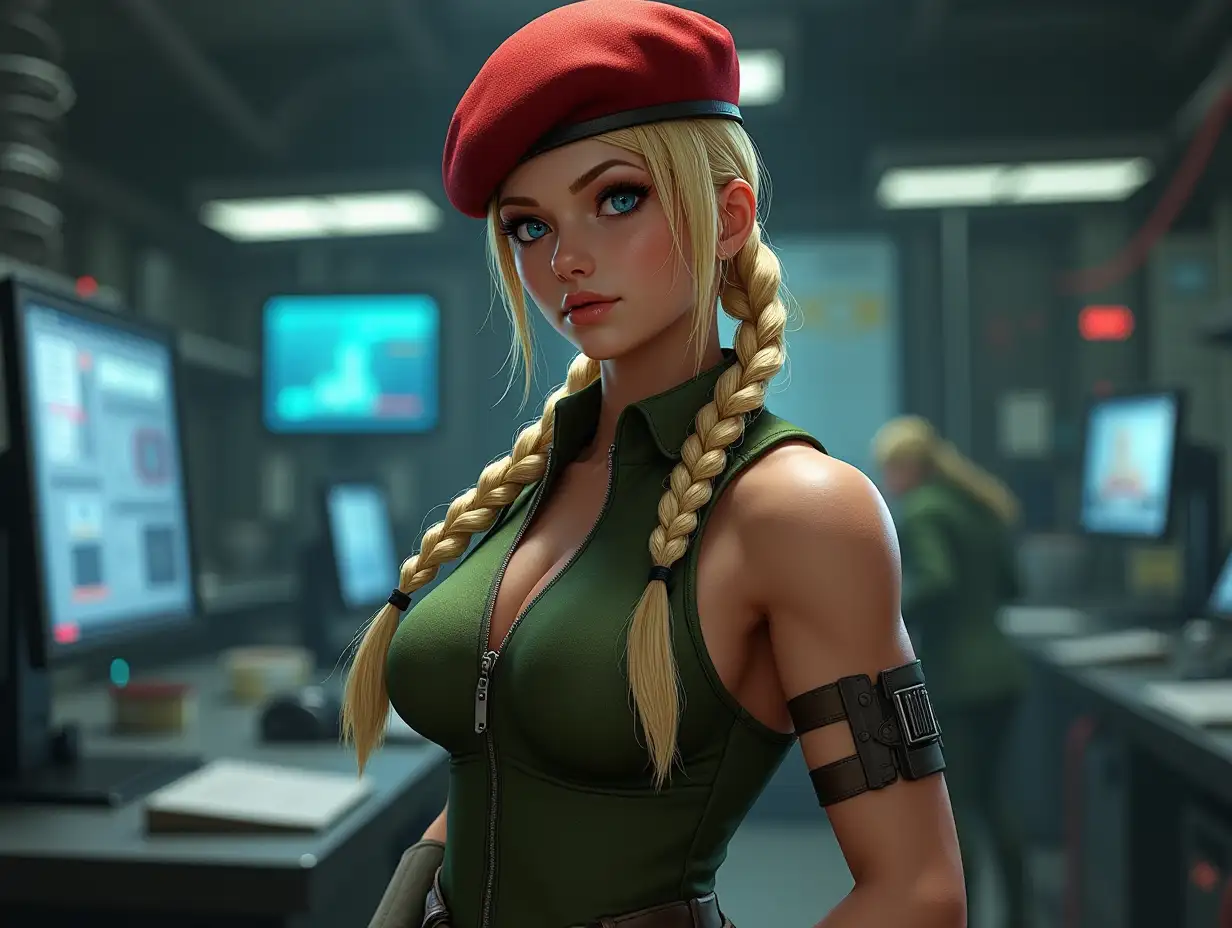 A photorealistic image of a woman resembling Cammy White from Street Fighter 5. She has a muscular, athletic physique with toned legs and arms, and her blonde hair is styled into twin braids with realistic texture and detail. Her piercing blue eyes and subtle facial features, including natural skin tone and texture, convey confidence and focus. She is wearing a green military-style outfit inspired by Cammy's signature look, with a modern touch of realism in the fabric’s material and fit. A red beret rests perfectly atop her head, and fingerless gloves complete the ensemble. The background is a sleek, high-tech secret laboratory with glowing monitors, complex machinery, and metallic surfaces. Cinematic lighting highlights her as the focal point, emphasizing her strength and presence while casting dynamic shadows throughout the scene.