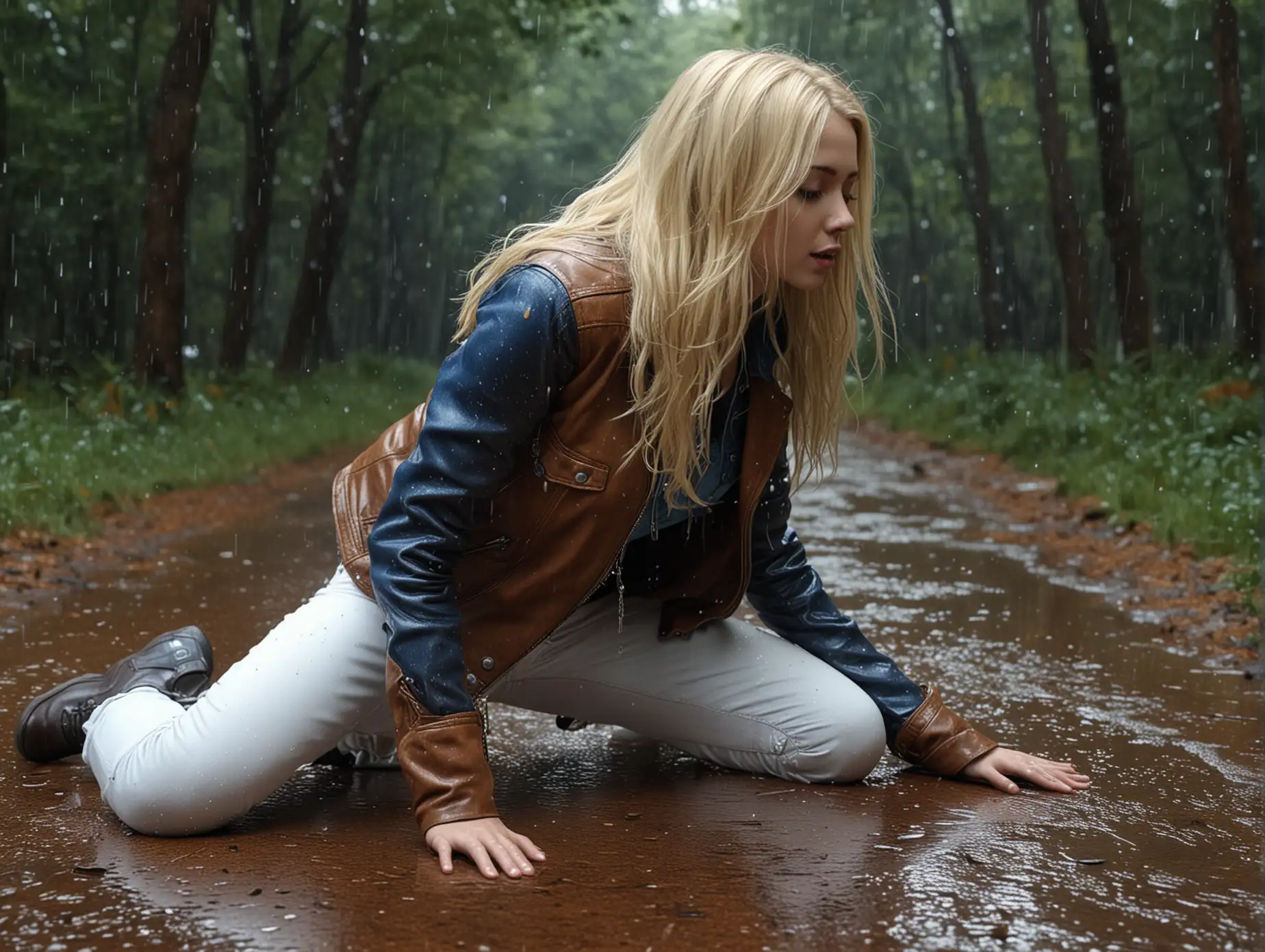 Woman-Crawling-Through-Forest-with-Golden-Sparkling-Rain-UltraRealistic-HDR