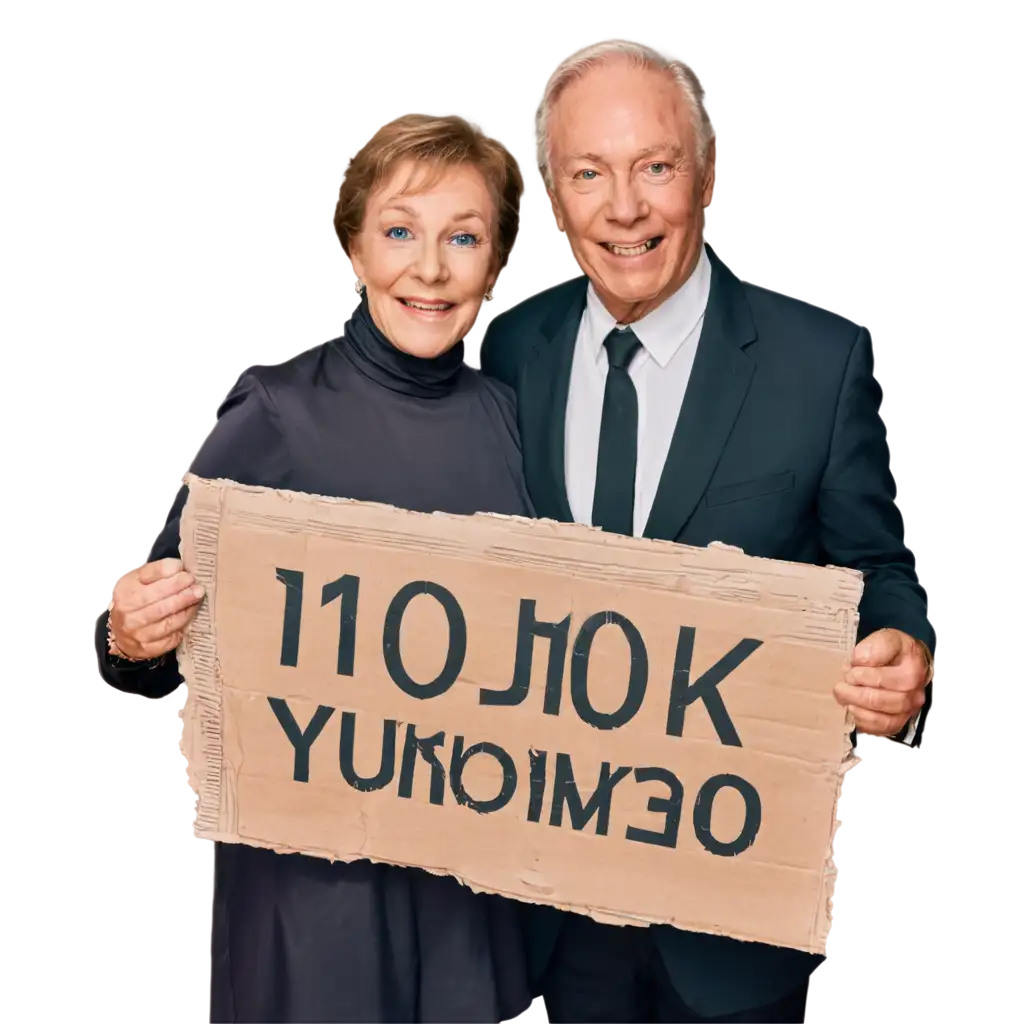 Actress Julie Andrews and Christopher Plummer holding in hand a 100K celebration banner