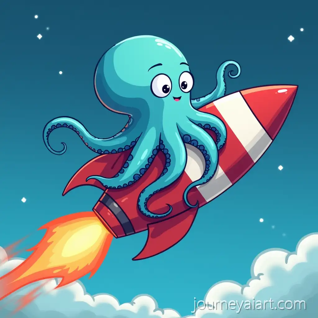 Cartoon-BlueCartoon-octopus-on-rocket-Octopus-Riding-a-Rocket-in-Space-Adventure