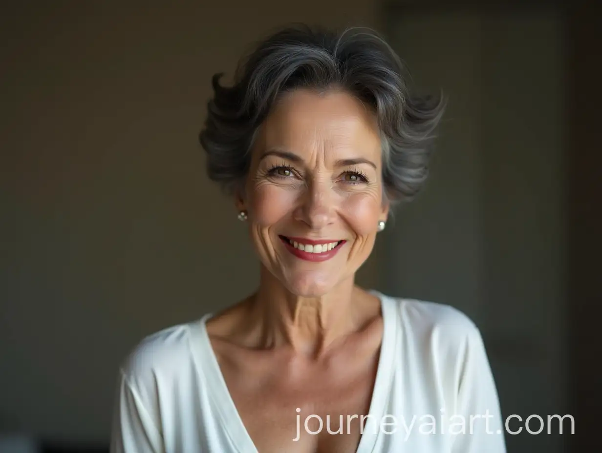 Elegant-72YearOld-Woman-with-Short-Fluffy-Hair-and-Red-Lips-in-White-Blouse
