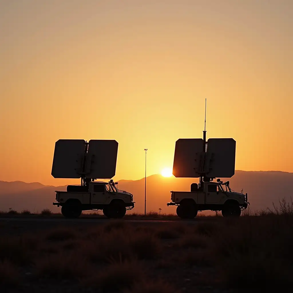 A sunset with mountains in the background. In front of picture two big radar antennas of military vehicles that are shadowed. Photo is taken straight in front of vehicles.