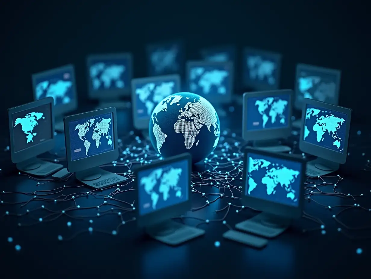 Image: On the photograph there are several computer screens with world maps in the background. On each screen you can see data streams, symbolizing the transfer of information between different countries. In the center of the photo there may be an image of a globe, surrounded by cables and servers, emphasizing the global nature of data migration. Style: The photograph may be done in a style that combines realistic elements with abstract ones to highlight the digital nature of the data and its global spread.