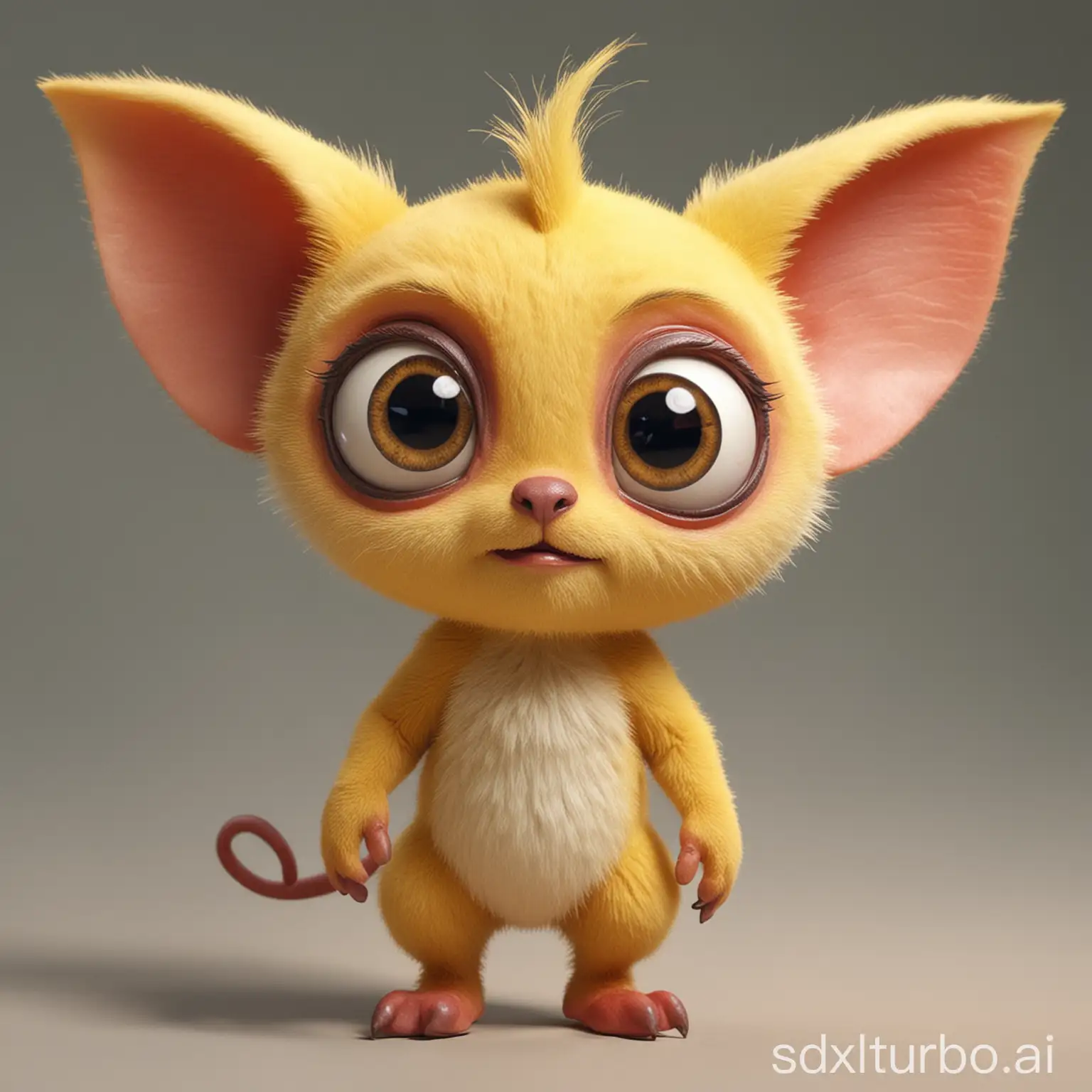 Create a small, energetic male creature with a yellow, slightly fuzzy body and large, expressive eyes that are slightly crossed, giving it a quirky and endearing look. The creature has tall, pointy ears , with dark tips, and red, round cheeks that glow with a soft, warm light. Its nose is large and slightly curved, similar to Pinocchio's. The creature is playful and mischievous, with a lightning-shaped tail that curves upwards. Its overall design is cute and approachable, with a unique pattern on its back that sets it apart from other similar creatures