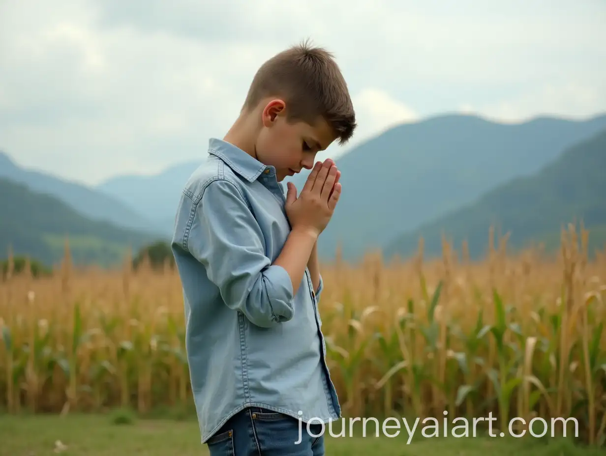 Young-Boy-Praying-in-a-Cornfield-with-Mountains-in-the-Background