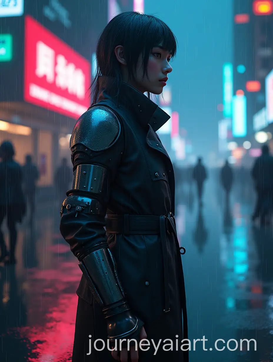 Cyberpunk-Cyborg-PortraitAI-Image-Expansion-in-Rain-with-Neon-Lights-and-Reflective-Trench-Coat