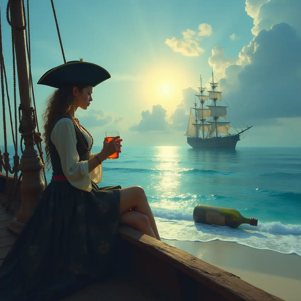 Girl-in-Pirate-Costume-on-18th-Century-Sailing-Ship-at-Caribbean-Dawn