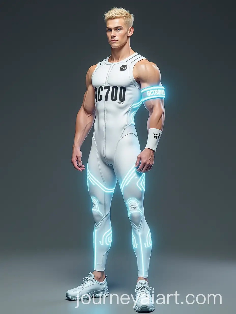 Male-Android-Model-in-White-Compression-Outfit-with-Neon-Blue-Armband