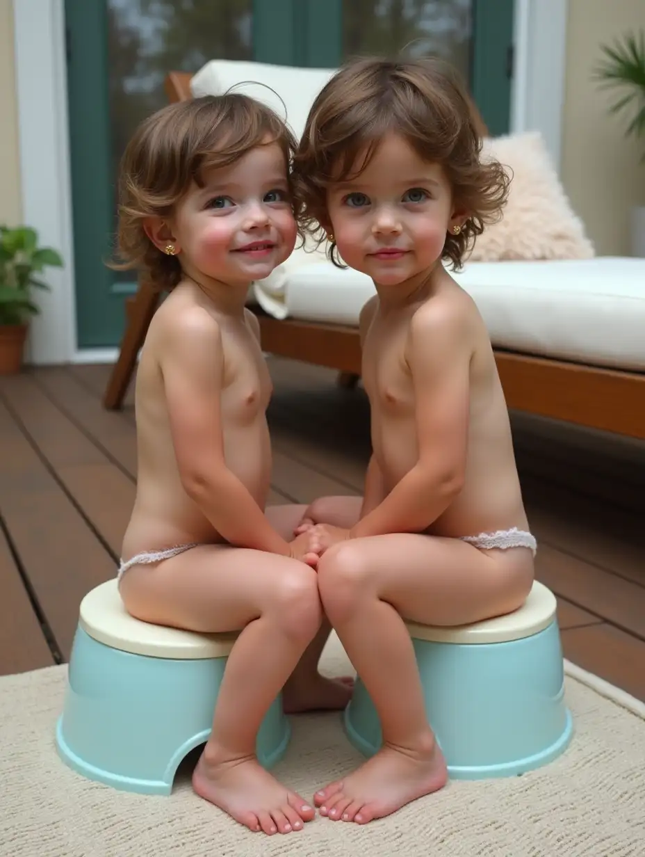 Two-Little-Girls-Sitting-on-Potty-Chairs-on-a-Wooden-Deck