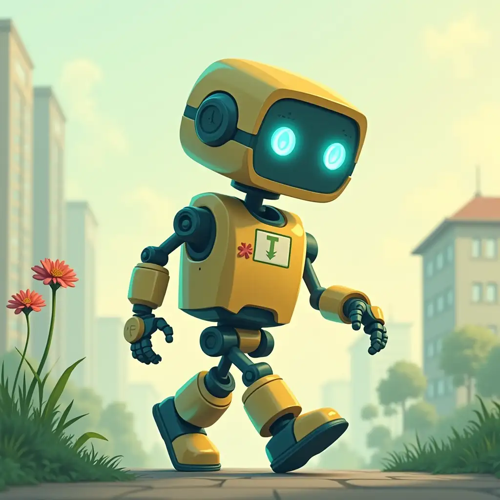 a cartoon robot of the environmental service, walking