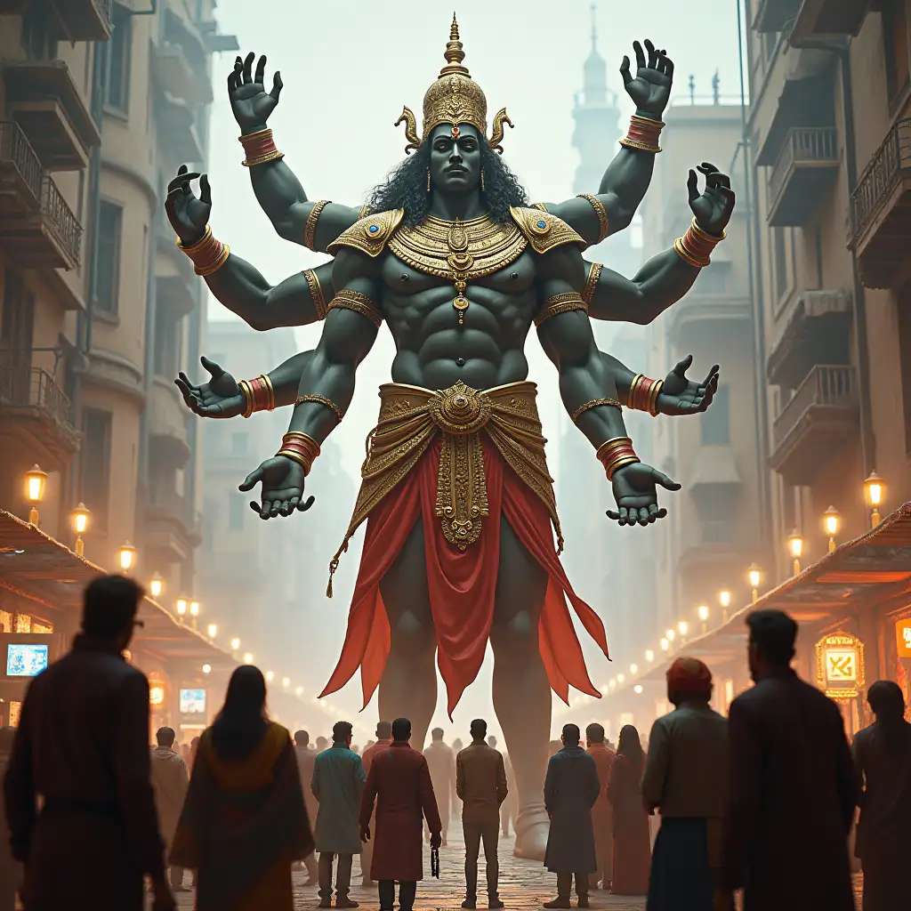 Depict an introspective scene showing modern society in a high technology futuristic marketplace or gathering, with people wearing a mix of traditional Indian attire and modern clothing, showing the blend of ancient values and modernity. People discuss the hypothetical influence of Ravana, looking at his statue in the center of a bustling square with awe and curiosity. Ravana, a towering, muscular, multi-headed (10 heads) and multi-armed (20 arms) king, wearing royal Hindu-style attire with intricate gold and red armor adorned with gemstones his statue is large, symbolizing wisdom and power, surrounded by lights, reflecting his legendary status and imagined influence on society.