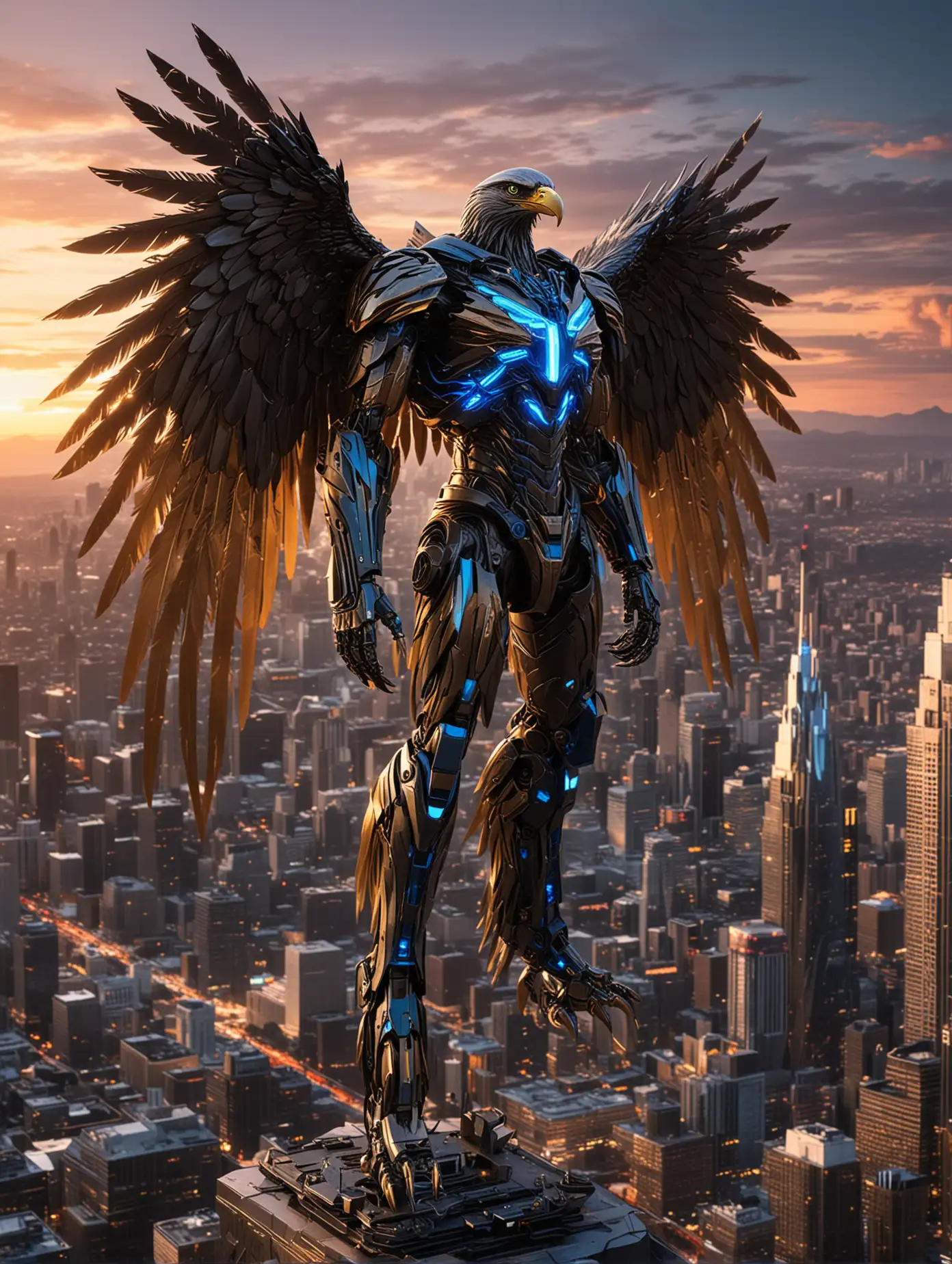 A towering, metallic hybrid creature inspired by an eagle and a Transformer, with razor-sharp golden talons and glowing blue optics. Its wings are enormous, crafted from interlocking steel feathers that radiate faint energy trails. The body is sleek and aerodynamic, combining polished chrome and carbon-black panels. Perched on a futuristic city spire, its claws emit sparks as it grips the structure. The background showcases a vivid sunset blending with glowing neon city lights.