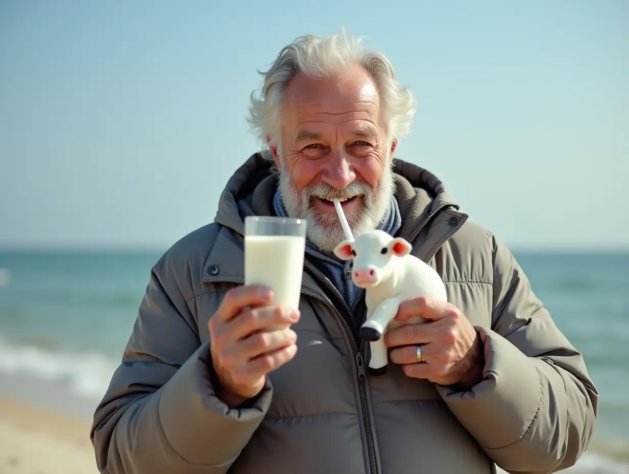 A gray-bearded old man of fifty is sunbathing at the beach in a grey-brown padded jacket. In his hand, the man holds a little cow, from which he drinks milk through a straw.