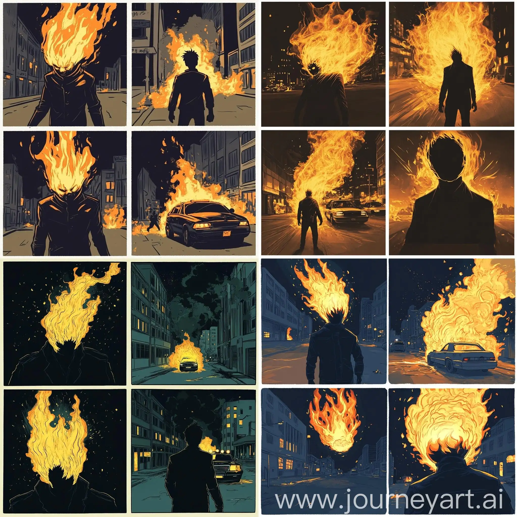 Fiery-Figure-Confronts-Shadow-in-Burning-City-Scene