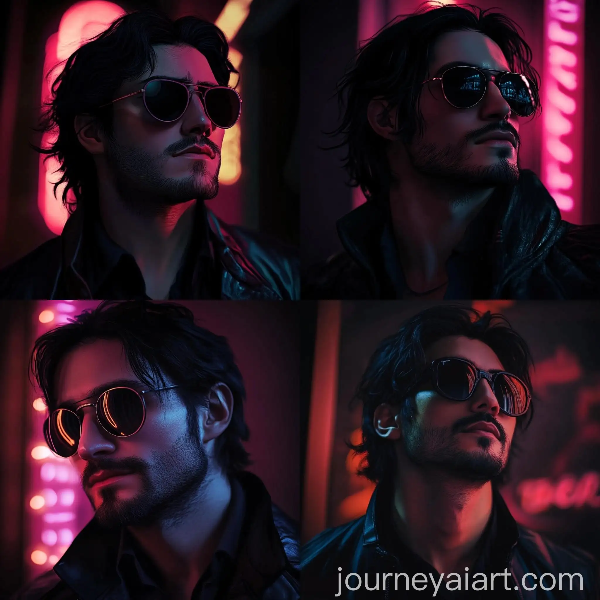 Man-with-Black-Hair-Wearing-Sunglasses-in-Gloomy-Evening-Atmosphere-with-Neon-Lights