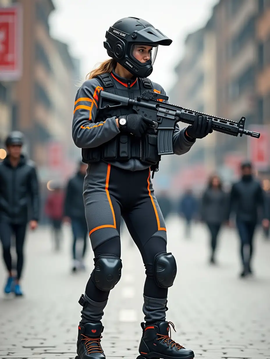 a 17 year old airsoft geared woman at a distance, she is skating on a street, holding a weapon, ordinary people in background, clothes have racing colors, she is wearing lots of functional sportswear, cycling gloves, airsoft helmet with transparent visor over eyes, smartwatch, thick plastic knee pads, modern inline skates with complete organized wheels