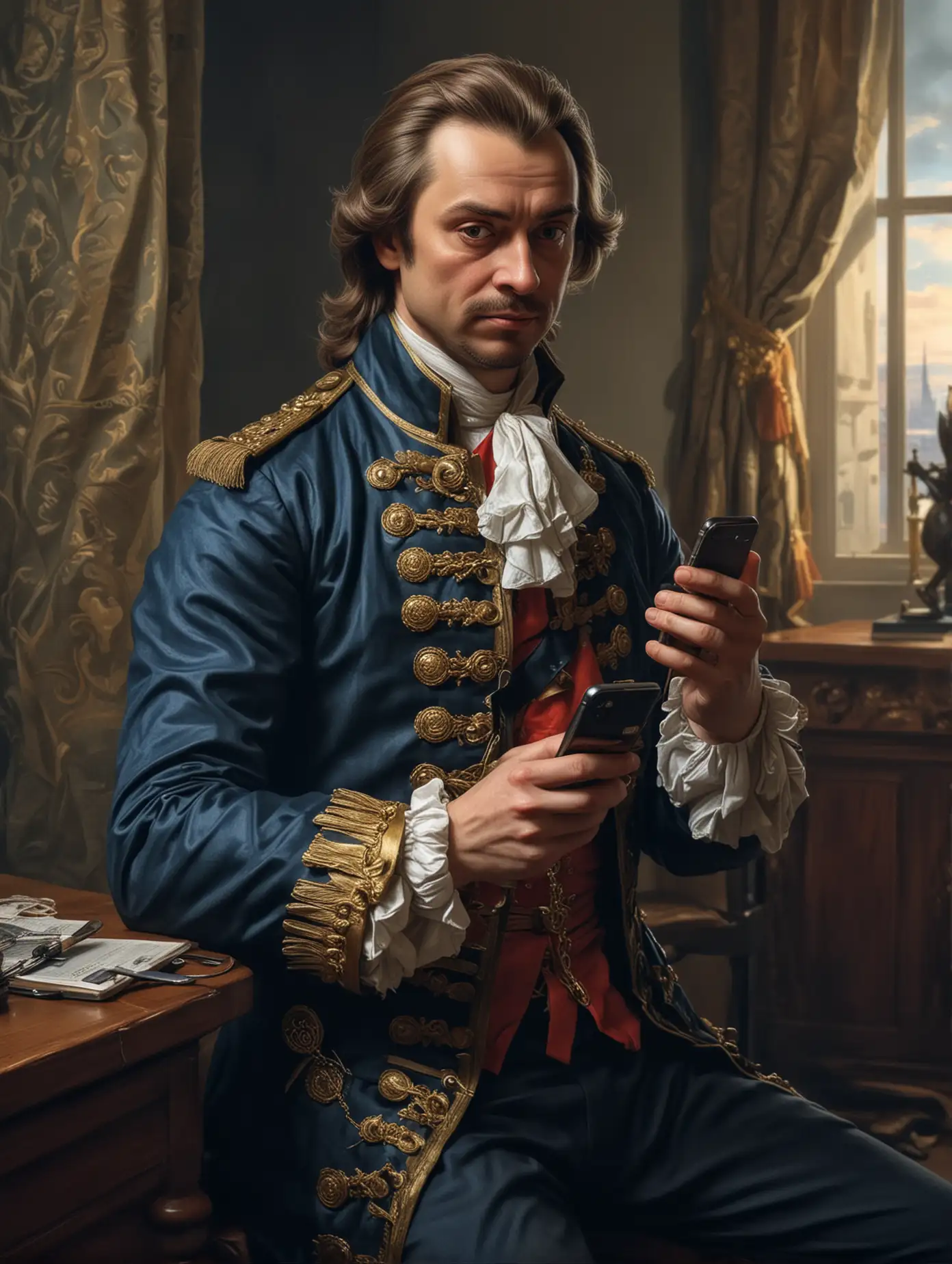 Peter the Great in the modern world looking at his phone.