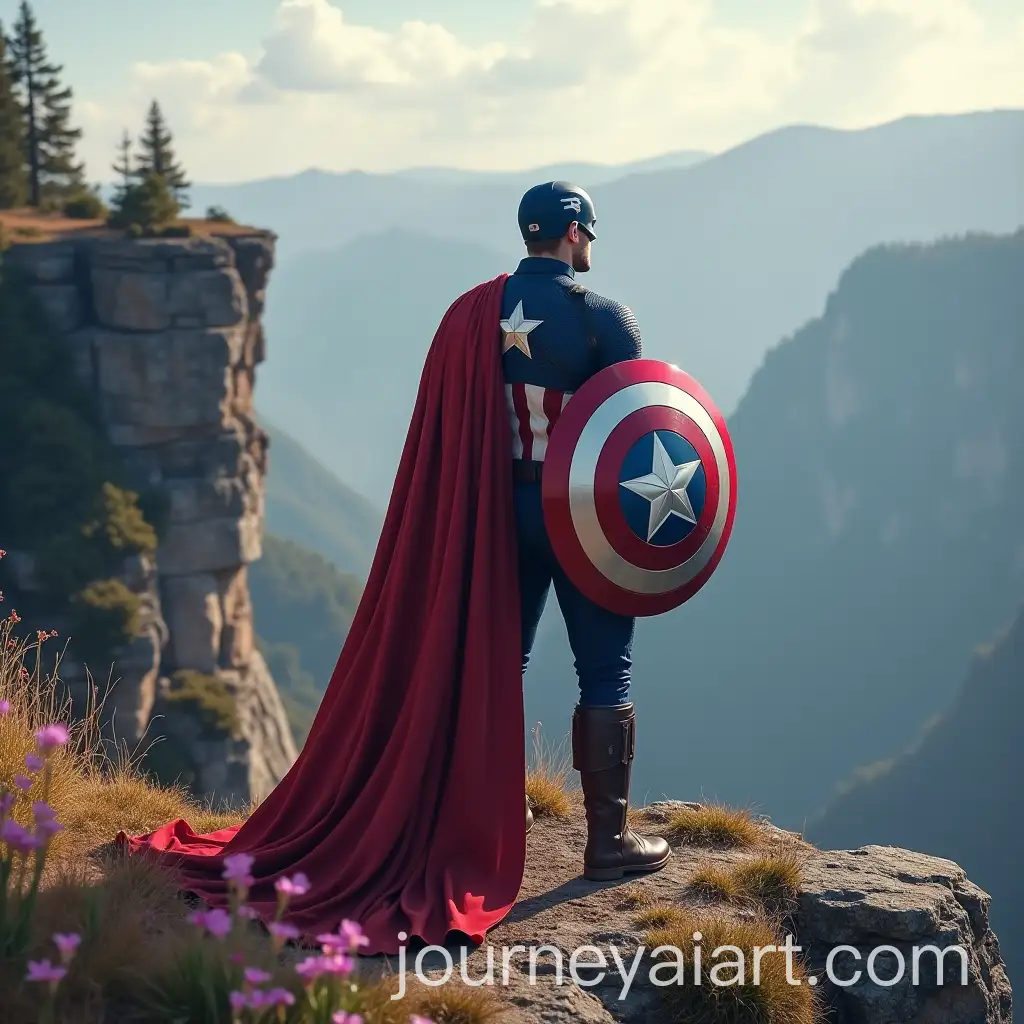 Captain-America-Standing-on-Mountain-Cliff-with-Love-Impression-Background-and-Flowers