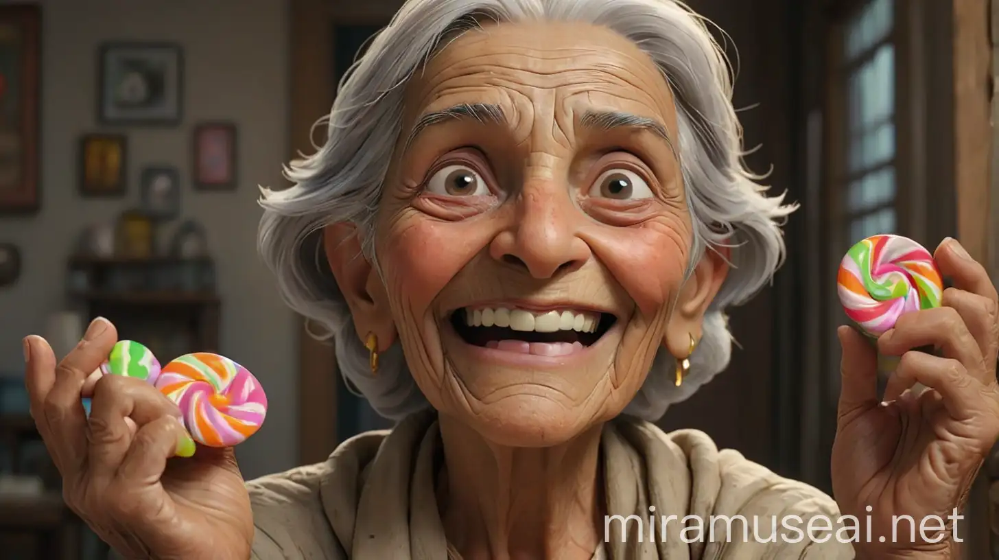 Elderly Woman Sharing Joyful Moment with Grandsons Offering Candy