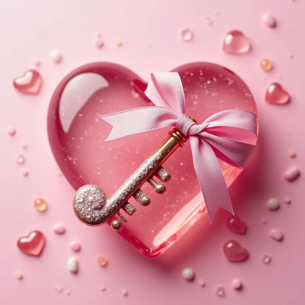 photo of a pink gift music key tied with a gift ribbon, a musical note in powdered sugar and drops of sweet syrup, the music key lies on the surface of a shiny pink crystal heart and delicious syrup