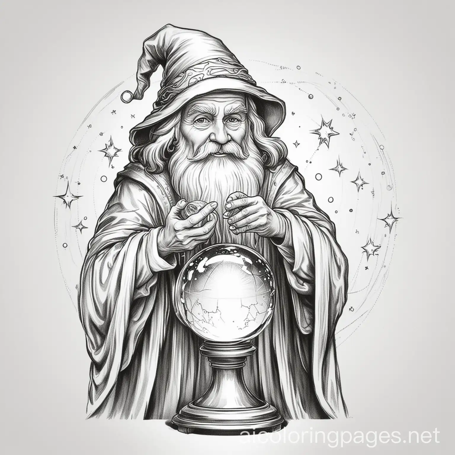 Wizard with crystal ball, Coloring Page, black and white, line art, white background, Simplicity, Ample White Space. The background of the coloring page is plain white to make it easy for young children to color within the lines. The outlines of all the subjects are easy to distinguish, making it simple for kids to color without too much difficulty